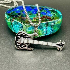 Black Flaming Guitar with White Neck Rocker Necklace and Pendant #1252